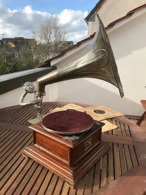 Vintage Grammophon 'Villa Art Deco' – Mit Messing-Trichter & Schellackplatte, Ca. 70 Cm Hoch