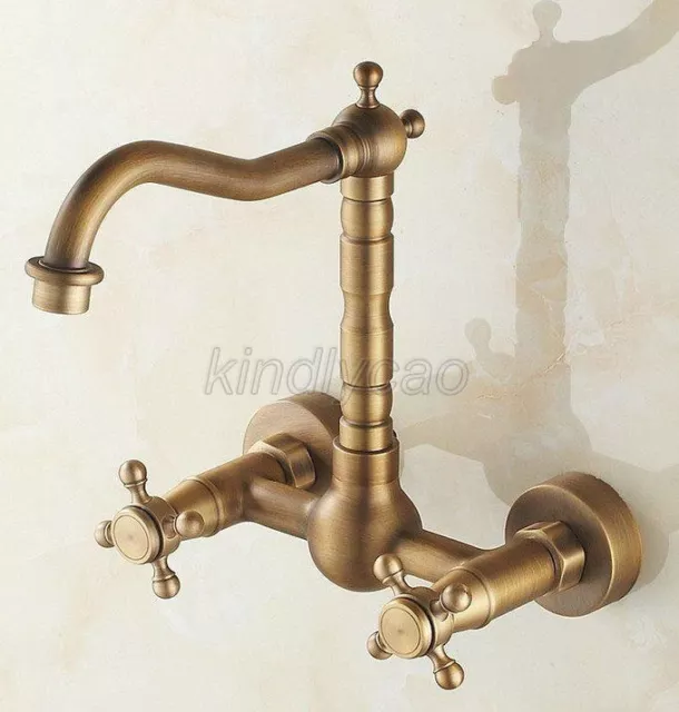 Antique Brass Wall Mount Swivel Spout Bathroom Sink Faucet Mixer Basin Tap