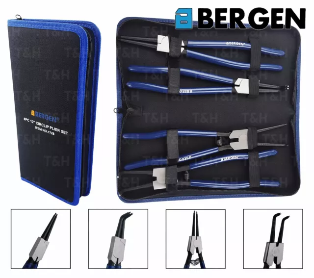 BERGEN 4pc 12" Circlip Pliers Internal External Bent Nose Straight Tip Snap Ring