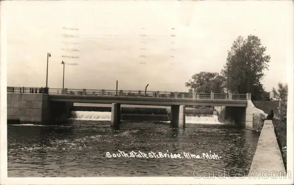 1947 RPPC Alma,MI South State St. Bridge Gratiot County Michigan Postcard