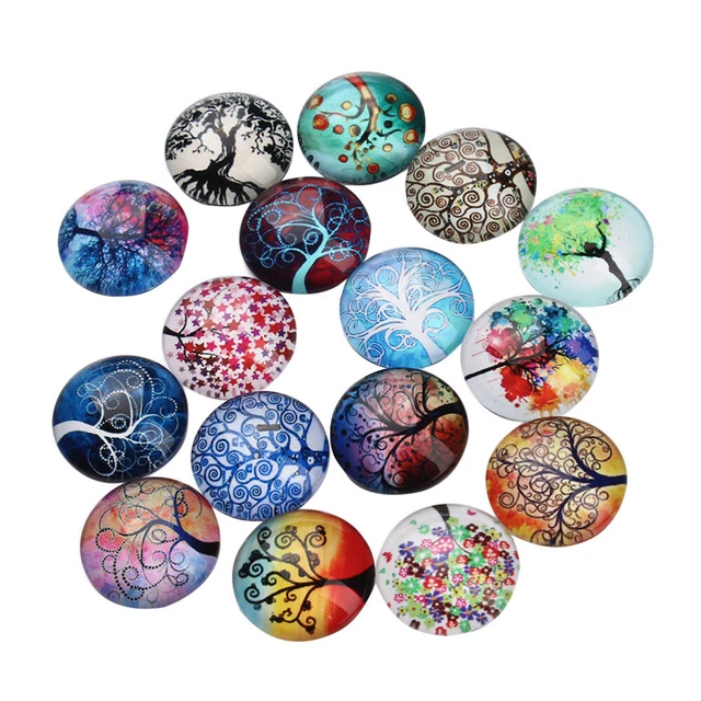 12 Pcs Flat Back Cabochons Round Glass Random Pattern Jewelry