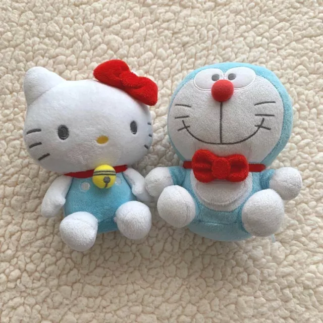 Doraemon x Hello Kitty Collaboration Sitting Plush Doll Stuffed Toy Set Rare