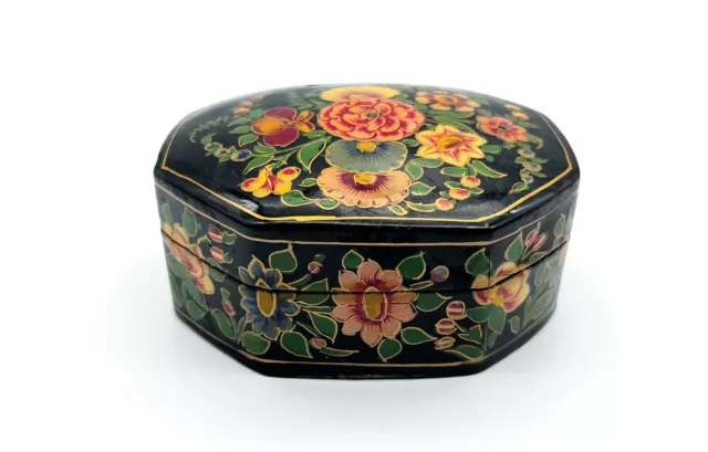 Vintage Kashmir India Black Floral Lacquered Trinket Box