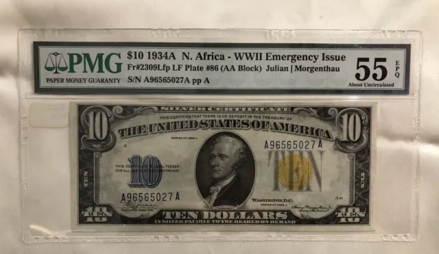 1934-A $10 North Africa Siver Certificate. PMG AU55 EPQ