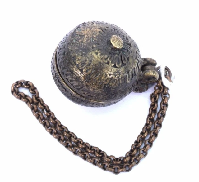 Indian Vintage Collectible Brass Betel Lime/tobacco Box With Chain. i22-17