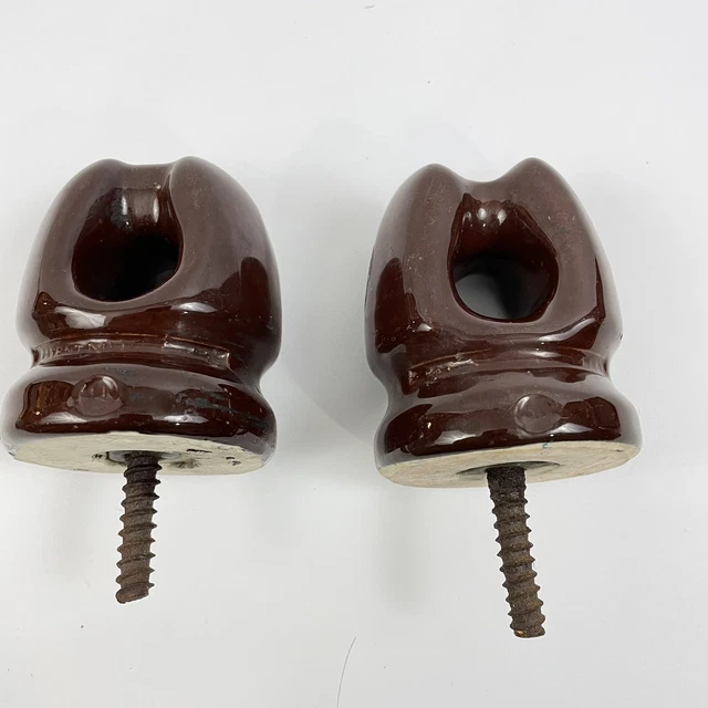 2 Vintage  Brown Glazed Ceramic Power Line High Voltage Insulator Deco Prop DIY