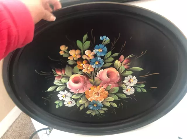 Vtg MCM 24" NASHCO NY Black Hand-Painted OVAL Floral TOLE TRAY Tin Metal ET NASH