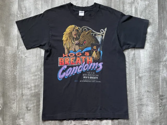 Vintage Hogs Breath Saloon Condom Shirt Motorcycle Biker Sex Funny 90s