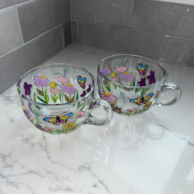 Peint À La Main Hand Painted Floral Butterflies 16.88oz Glass Tea Cups Set of 2