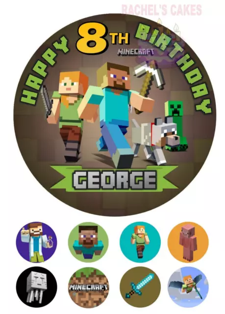 Minecraft Personalised Edible Birthday Cake Topper & 8 Icing Cupcakes