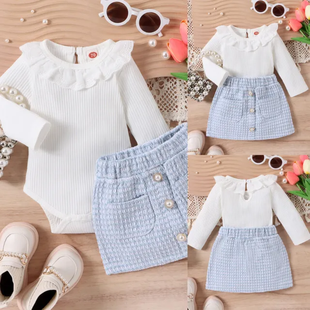 Lace Girl Tops Skirt Set Infant Long Sleeve Solid Color Ruffles Ribbed Romper