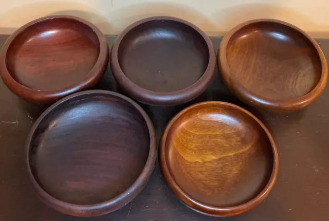 Mid Century Round Wood Bowls Set of 5 Vintage Teak Hardwood Brown Salad Dessert