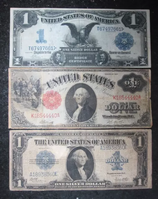 3 Vintage U.S. $1 Large Notes: 1899 Black Eagle, 1917 Legal Tender, 1923 SC