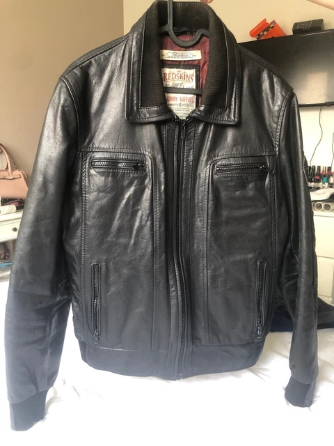 Veste En Cuir REDSKINS Vintage - Style Bomber/teddy - Taille L - Noir - Occasion Très Bon état