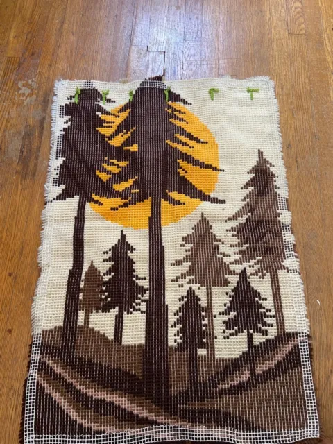 Retro latch hook rug wall hanging forest sun trees