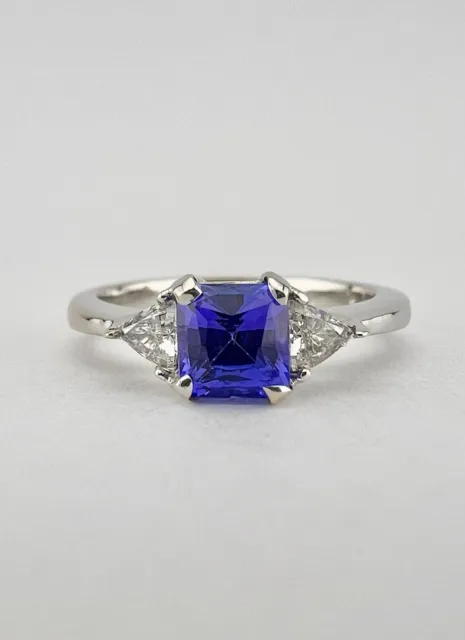 Designer 18k White Gold Asscher Cut Tanzanite & Trillion Cut Diamond Ring