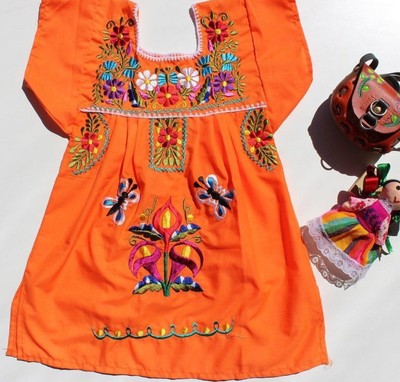 Mexican Dress Girls Embroidered Orange multicolored flowered Peasant  6-12m