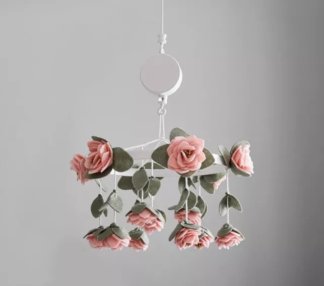 Pottery barn Kids Felted Pink Roses Musical Baby Crib Mobile New