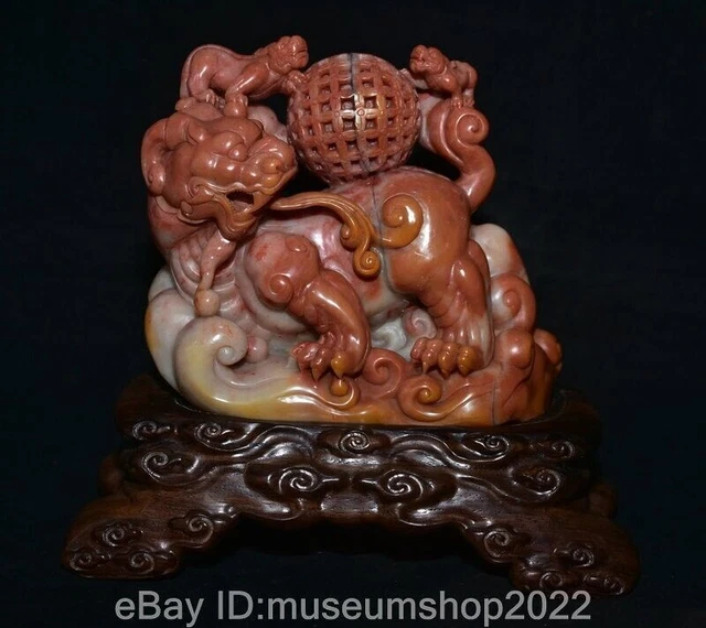8.4" Old Chinese Sohushan Stone Carved Fengshui Mother Son Kylin Unicorn Statue