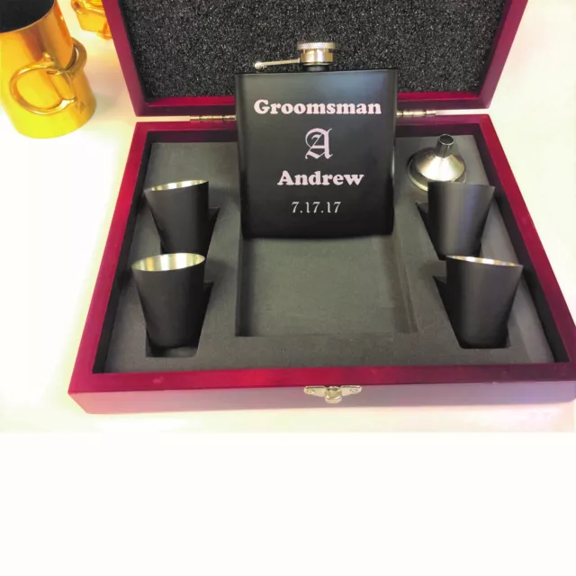 6 Personalized Groomsmen Gift box Engraved Flask Sets Wedding Custom Wood Case