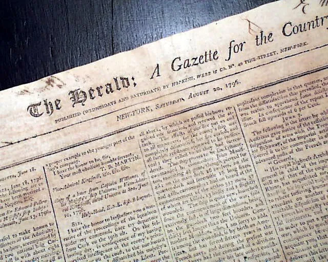 Rare Eighteenth 18TH CENTURY New York City Original Post Rev. War 1796 Newspaper