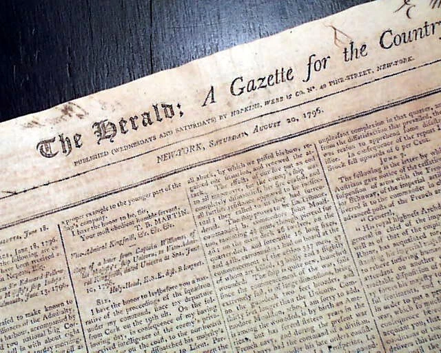 Rare Eighteenth 18TH CENTURY New York City Original Post Rev. War 1796 Newspaper