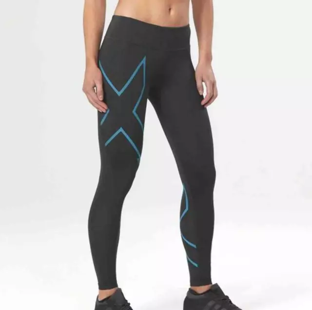 CLEARANCE!! 2XU Ice Mid Rise Womens Compression Long Tights - Black/Ice Blue