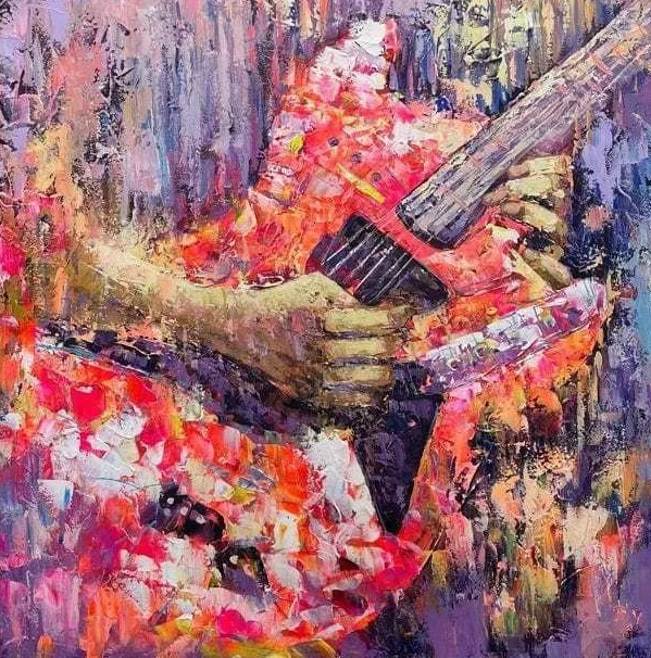 40x40" Large Abstract Colorful Guitar Painting On Canvas Artwork | MUSICAL AX