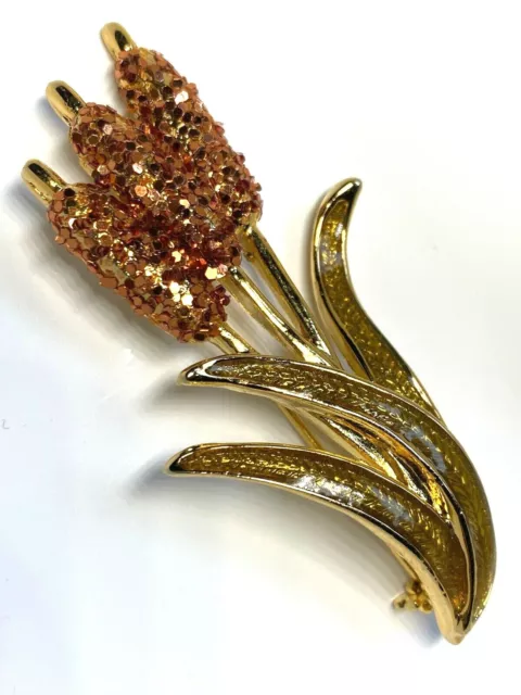 Unusual Large Reeds Enamel Bronze Glitter Textured Vintage Pin Brooch Gold Tone