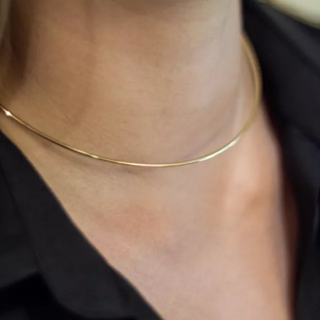 New 14K Yellow Gold over 925 Silver, Simple Plain Cuff Choker Necklace for Women