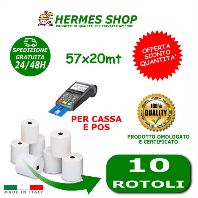 10 Rotoli Termici mm 57x20 mt Carta Termica Foro 12 OMOLOGATI per POS e CASSA