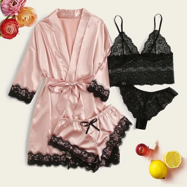 Schlafanziehungshorts BH Robe Spitze Women 4PC Unterwäsche Satin Bikini Kleid