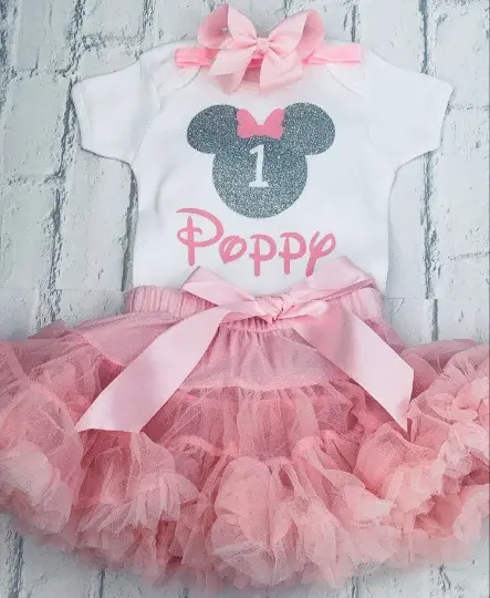 Girls Personalised 1st First Birthday Outfit Tutu Skirt Cake Smash Minnie Pink