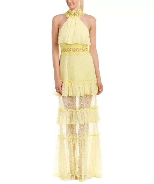 Jay Godfrey Tiered Ruffle Lace Halter Neck Sleeveless Yellow Gown Size 2 4 or 6