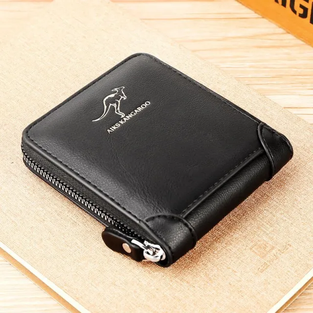 Classic Leather Men's Wallet  Zippered Card Holder  Coin Pocket RFID Blocking