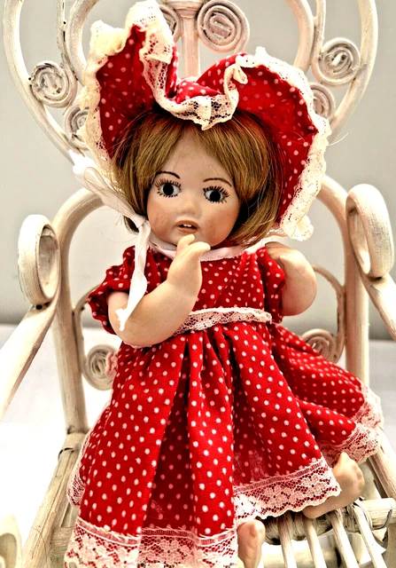 Vintage 9” Bisque Jointed Porcelain Doll Marked JH w/ heart Red polka Dot dress