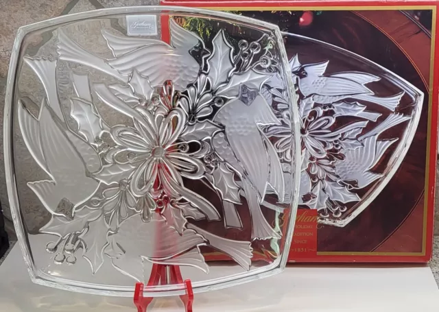 Gorham Christmas CARDINAL Platter Tray Holiday Tradition Crystal Glass 13" BOXED