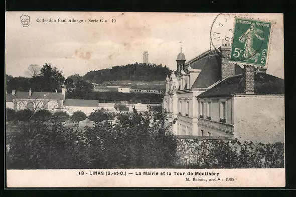 CPA Linas, la Mairie et la Tour de Montlhéry 1912