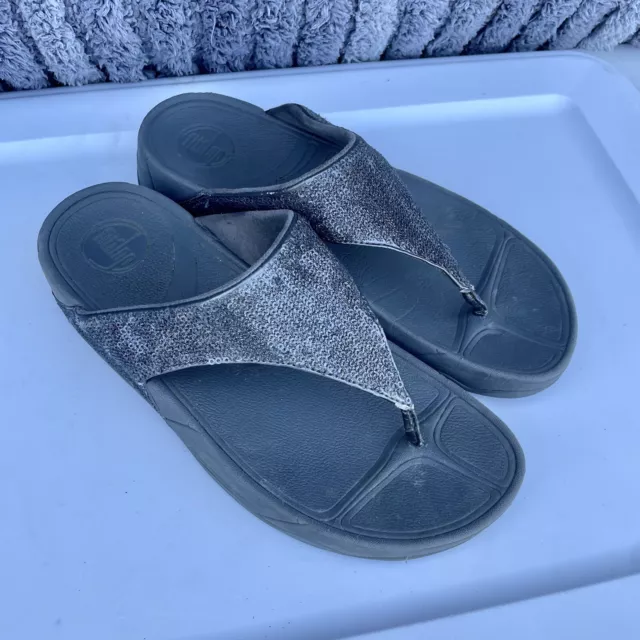 FitFlop  Womens Lulu Thong Flip Flop Sandals Gray Silver Sequins Size 8