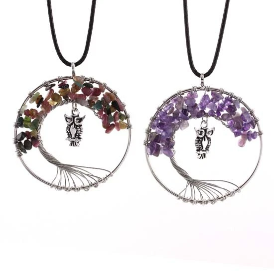 Natural Crystal Chip Gemstone Tree Of Life Dangle Owl Stone Pendant Necklace