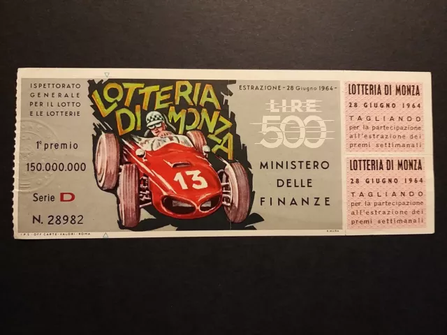 Biglietto Lotteria di Monza (1964). Con tagliando.