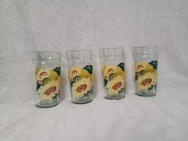 Vintage Anchor Hocking Sunflower Jelly Jar Style Drinking Glasses Set Of 4