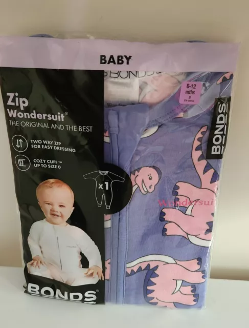 Bonds Zip Wondersuit size 0 (6-12 months) - Purple and pink with dinos patterns
