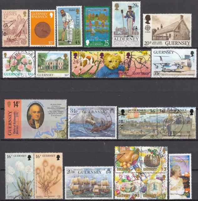 Lot de 24 timbres britanniques Guernsey Bailiwick Alderney stamps 1985 1990 1995