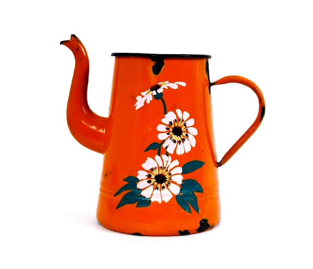Vintage 50s Oese Dos Leones Bassano Jarra / Jarra Esmaltado Naranja Motiv Flor