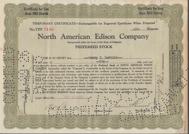 North American Edison Company stock certificate 1925 Ten Shares
