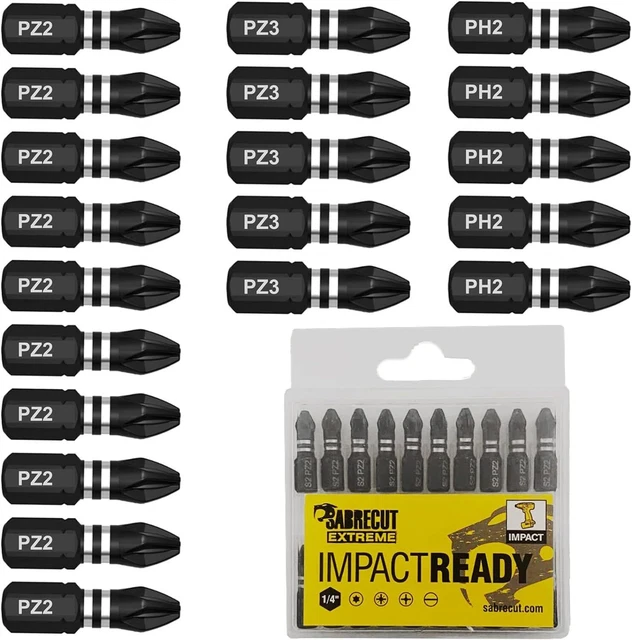 20 x SabreCut SCPB25_20 25mm PZ2 PZ3 PH2 Impact Screwdriver Driver Bits Set Sin