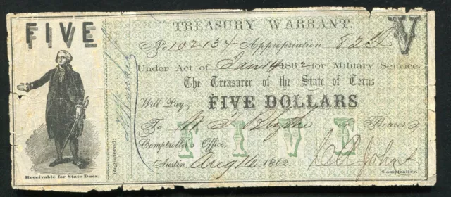 1862 $5 Five Dollars Treasury Warrant Austin, Tx Military Service Issue