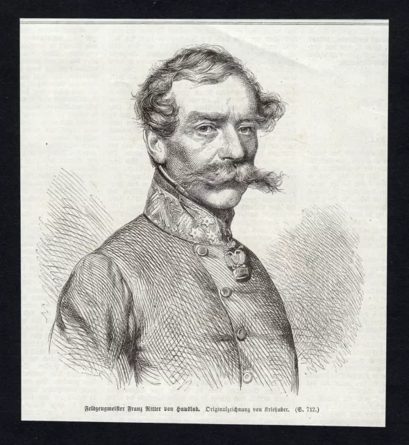 Franz Chevalier Hauslab Général Feldzeugmeister Portrait Gravure sur Bois Ancien