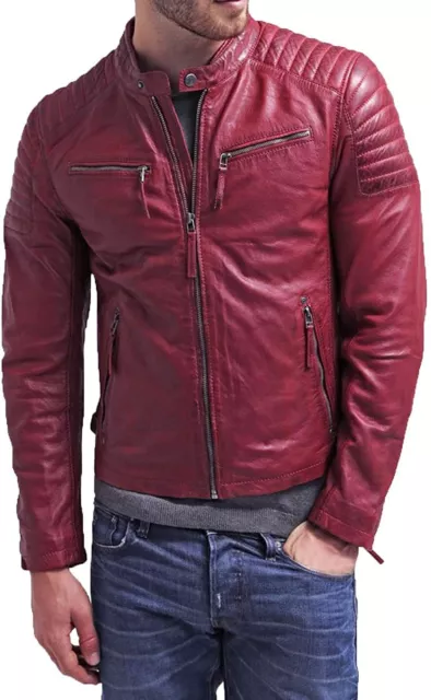 Men's Genuine Lambskin Leather Jacket Motorcycle Biker Slim Fit Stylish Red Coat